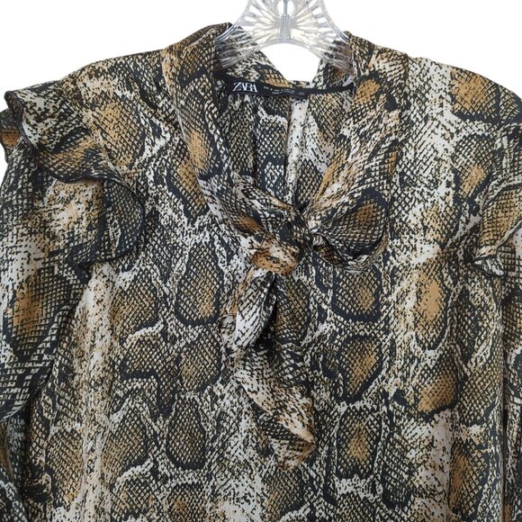 Zara Women's Snake Print Ruffled Career Blouse Size S With Tie Neck Long Sleeves - Picture 3 of 13